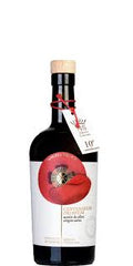 A bottle of Nobleza del Sur Harvest 2025 Centenarium Extra Virgin Olive Oil with a white label, a red flower illustration, and text detailing the product and award information.
